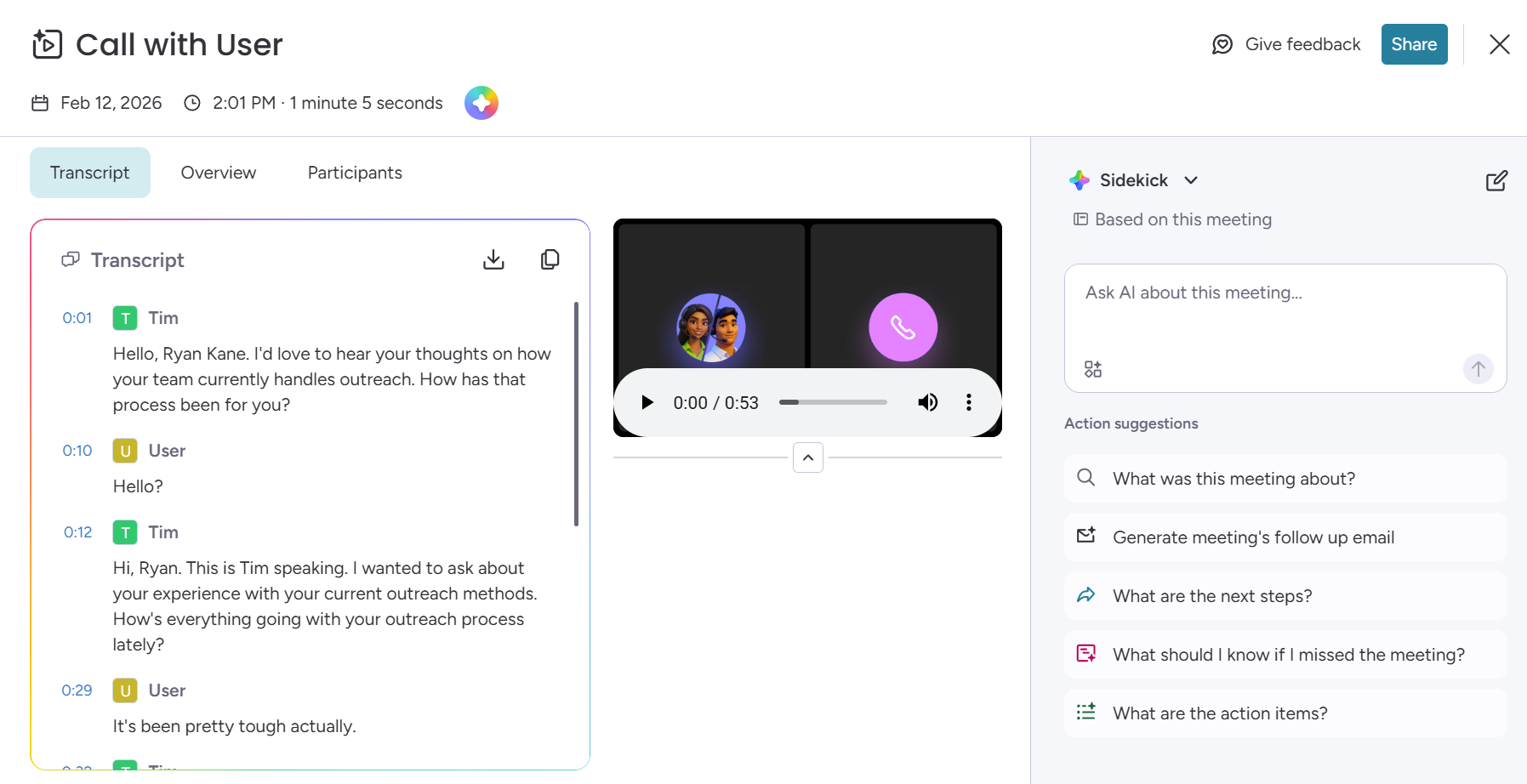 A transcript logged in monday