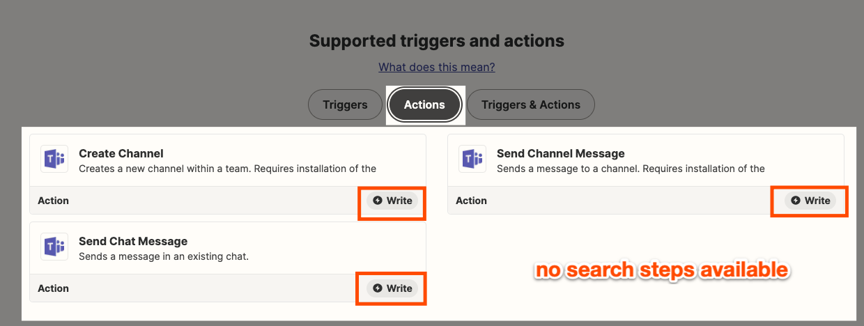 If an app does not support search steps, you'll only see the "Write" label on the bottom-right corner of a listed action. 