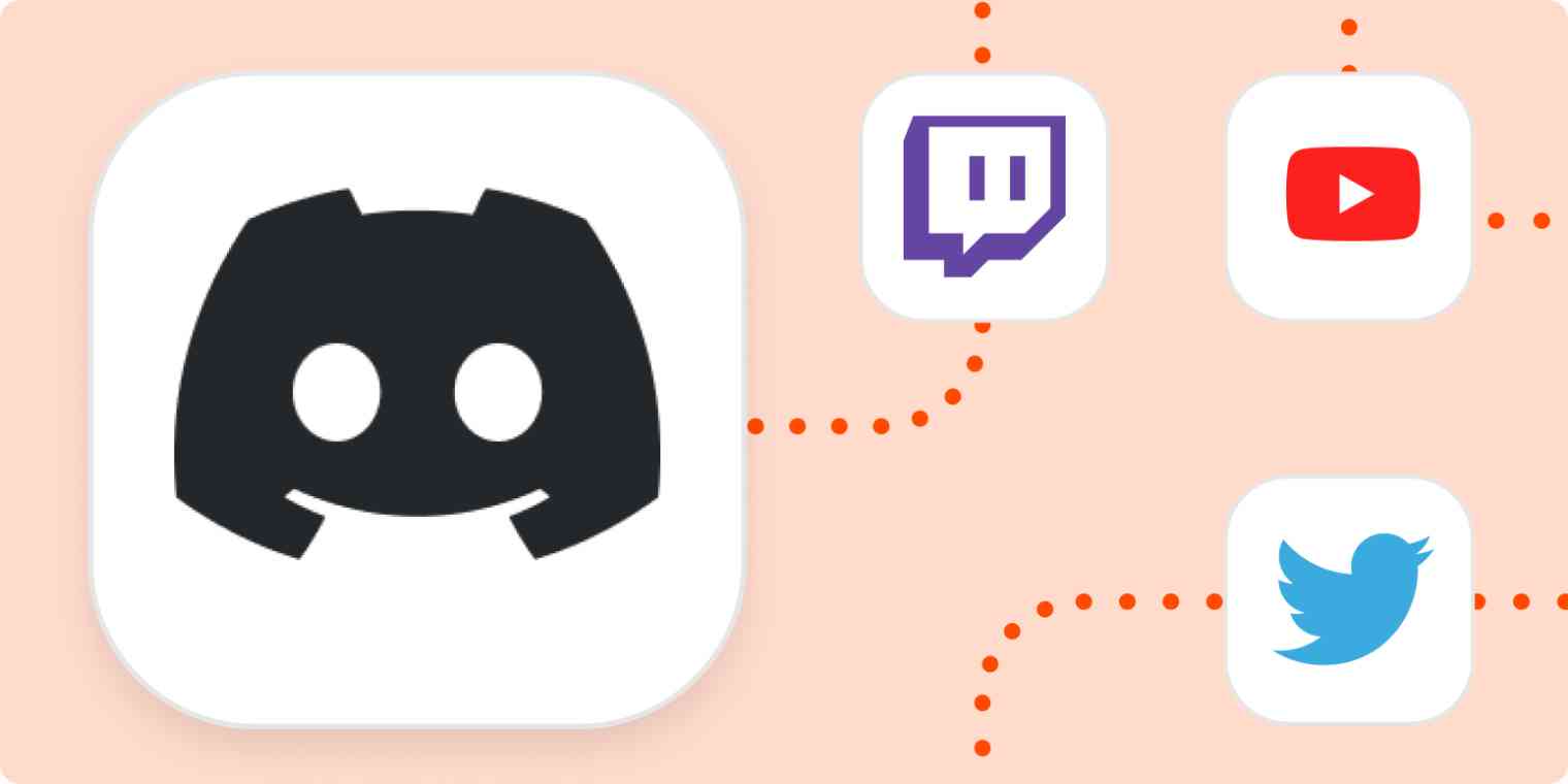 The Discord logo in a large white square, connected by dotted orange lines to squares containing the logos for Twitch, YouTube, and Twitter.