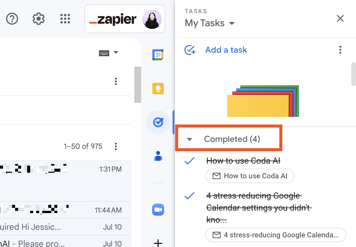 An expanded view of completed tasks in Google Tasks.