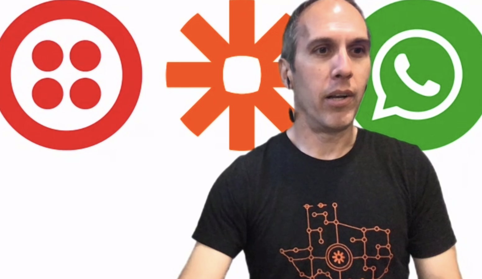 Ben in front of the Twilio, Zapier, and WhatsApp logos