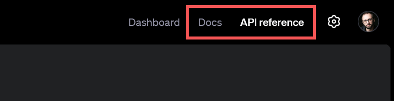The Docs and API reference options in the OpenAI playground