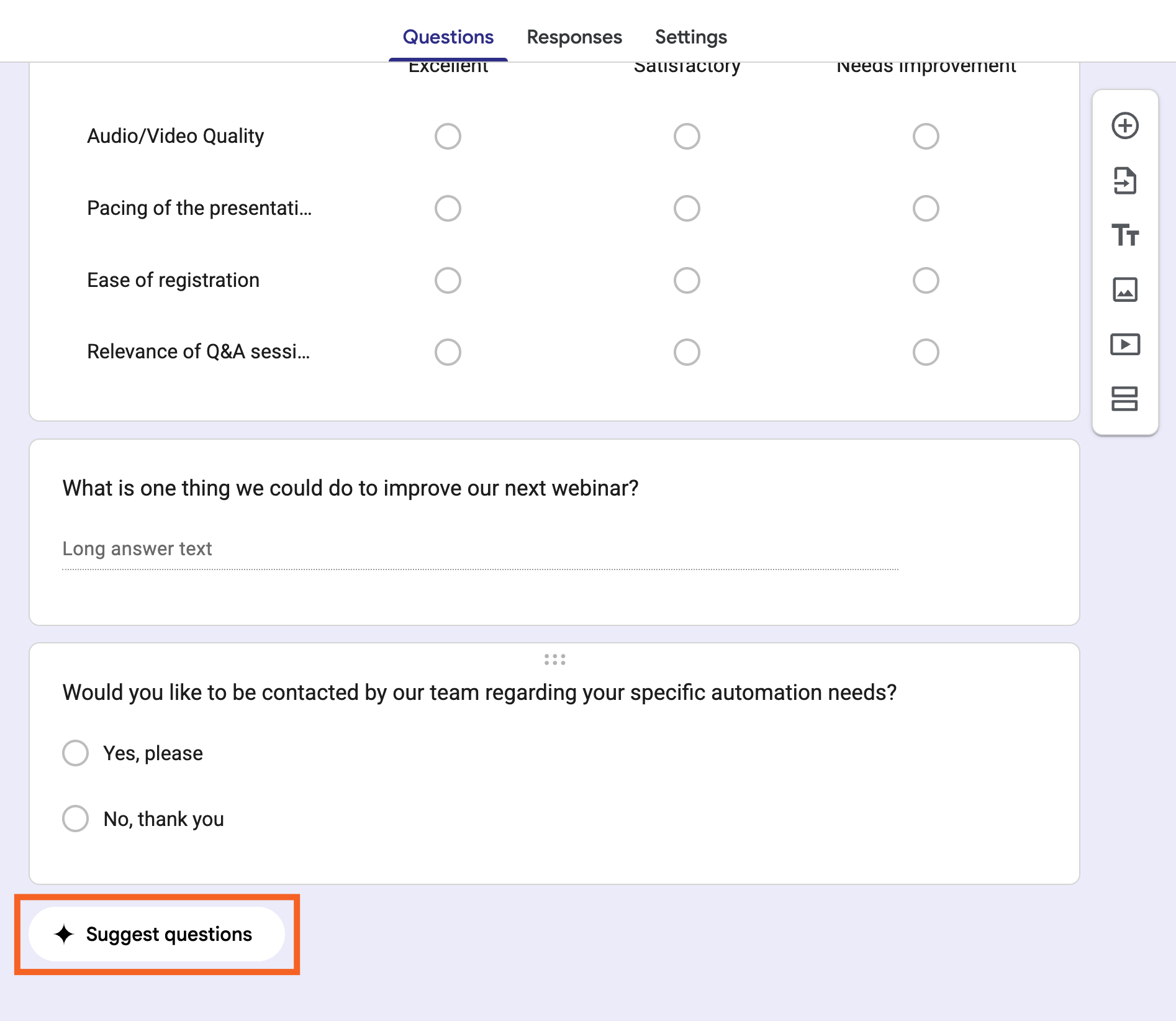 Suggest questions button at the bottom of a Gemini-generated form in Google Forms.
