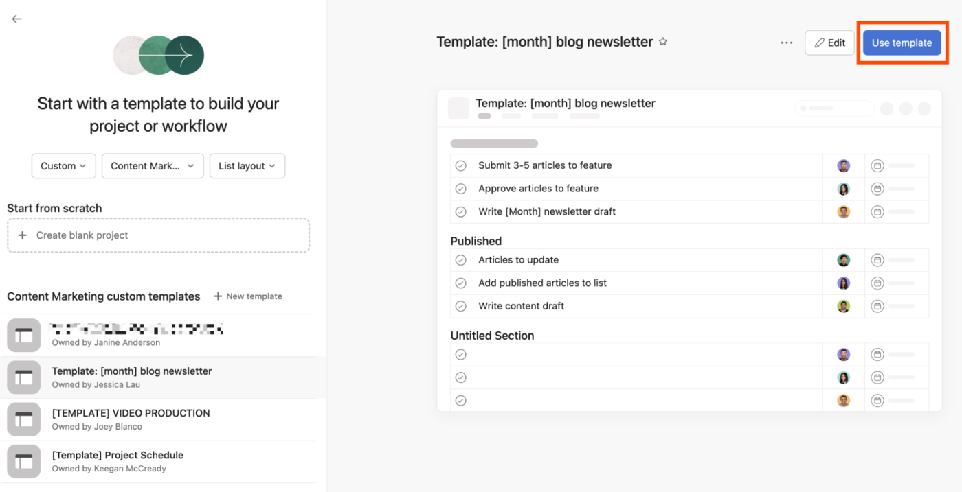 List of templates in Asana with a preview of the monthly blog newsletter displayed, and the use template button is highlighted. 