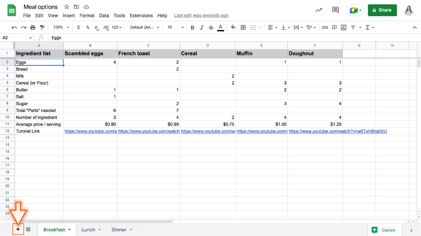 Screenshot of a spreadsheet with arrow pointing to the "plus" button in the bottom left corner. 