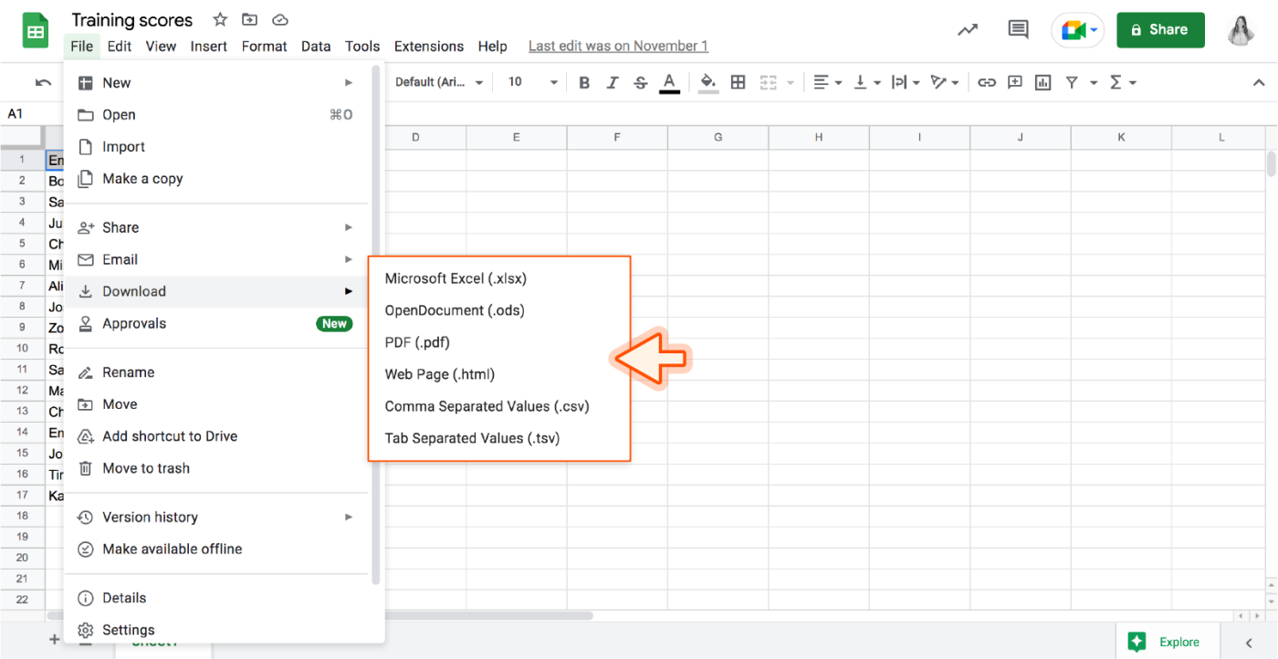 Screenshot of Google Sheets drop-down menu with arrow pointing to download options. 