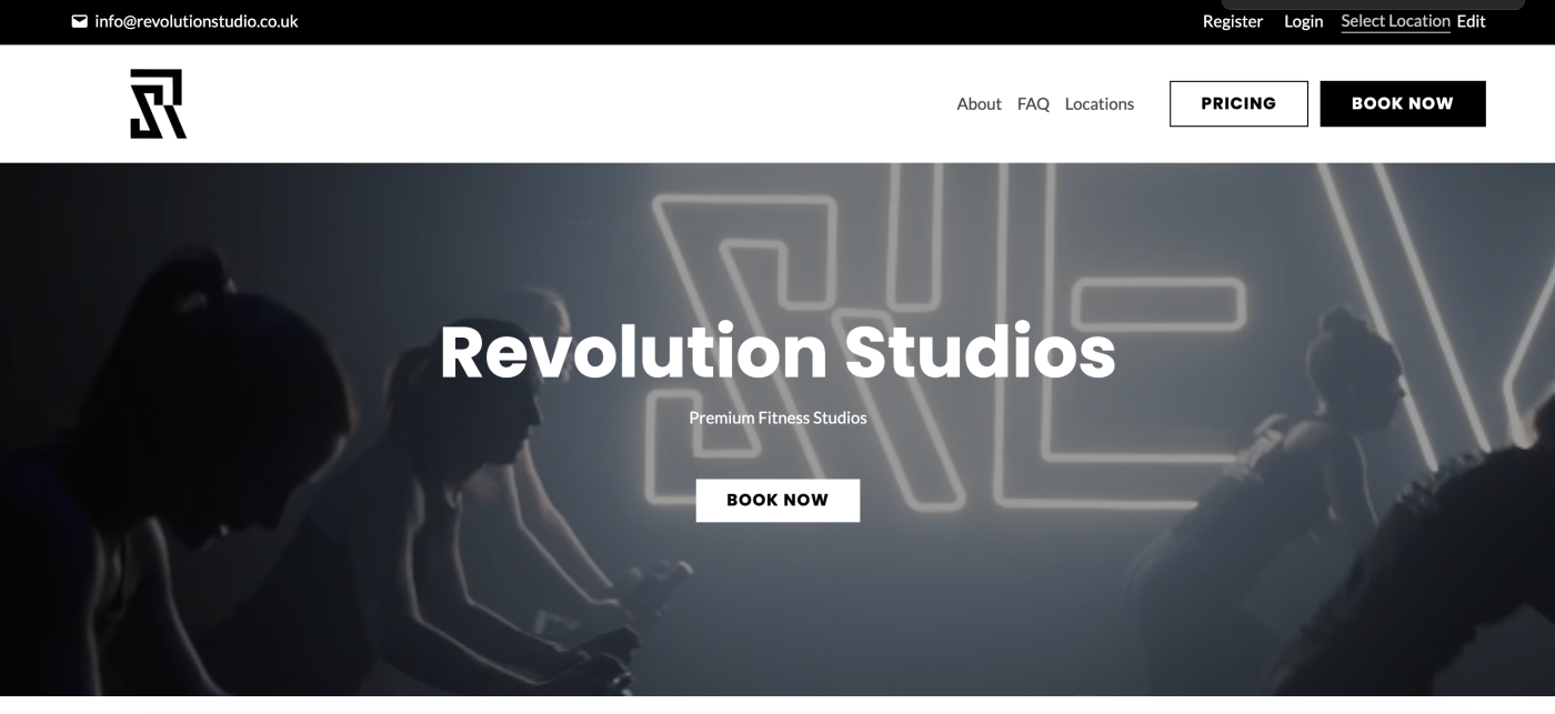 Revolution Studios home page showing a cycle studio with unique lighting on the wall