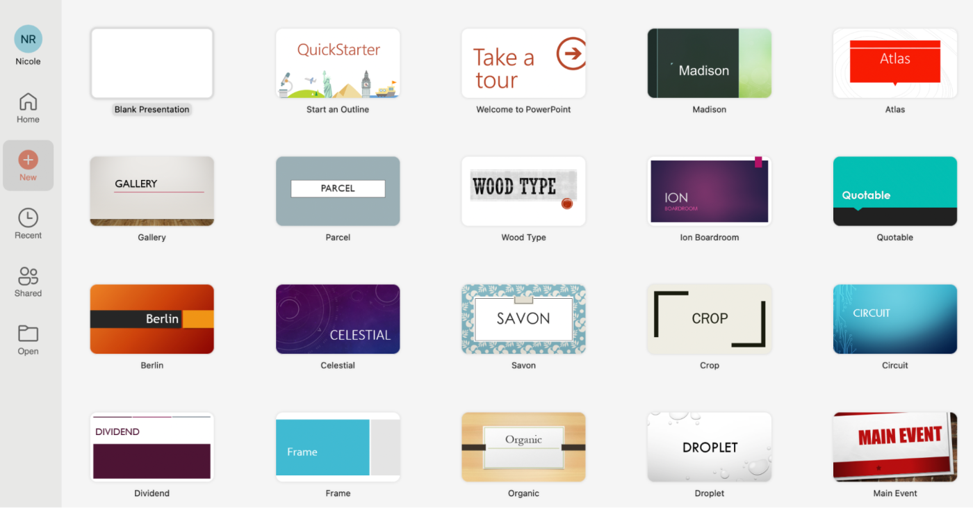 In PowerPoint, you can start with a blank slate or pick a built-in template. 