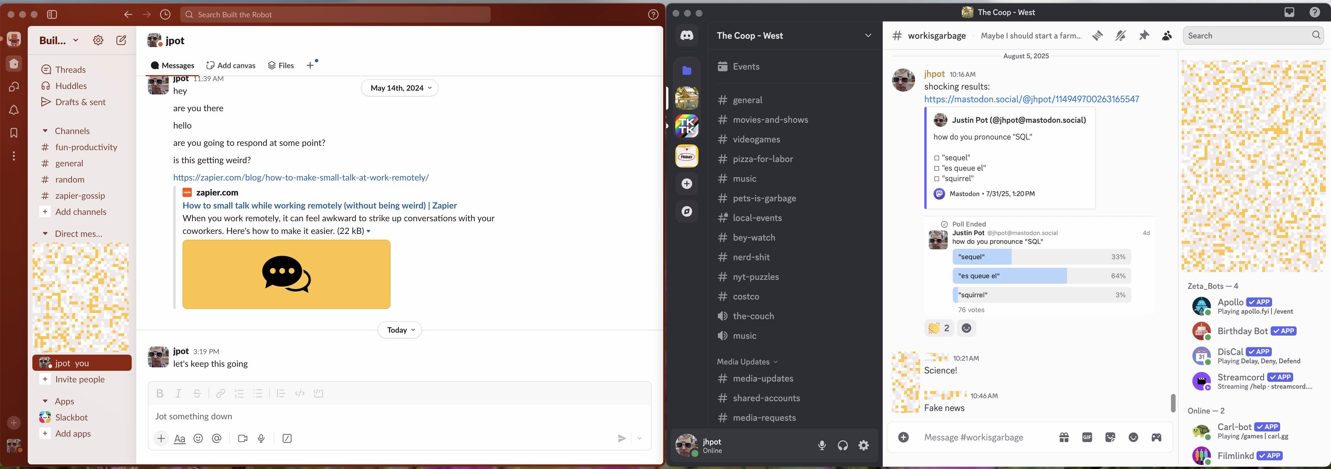 Conversations on Slack and Discord side by side