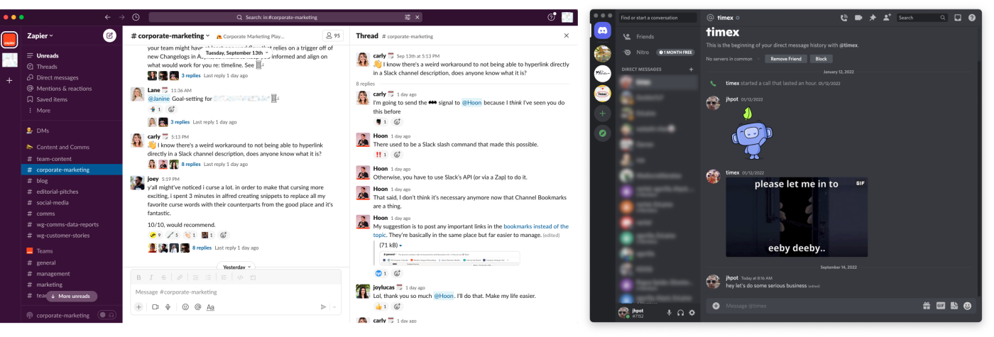 Conversations on Slack and Discord side by side