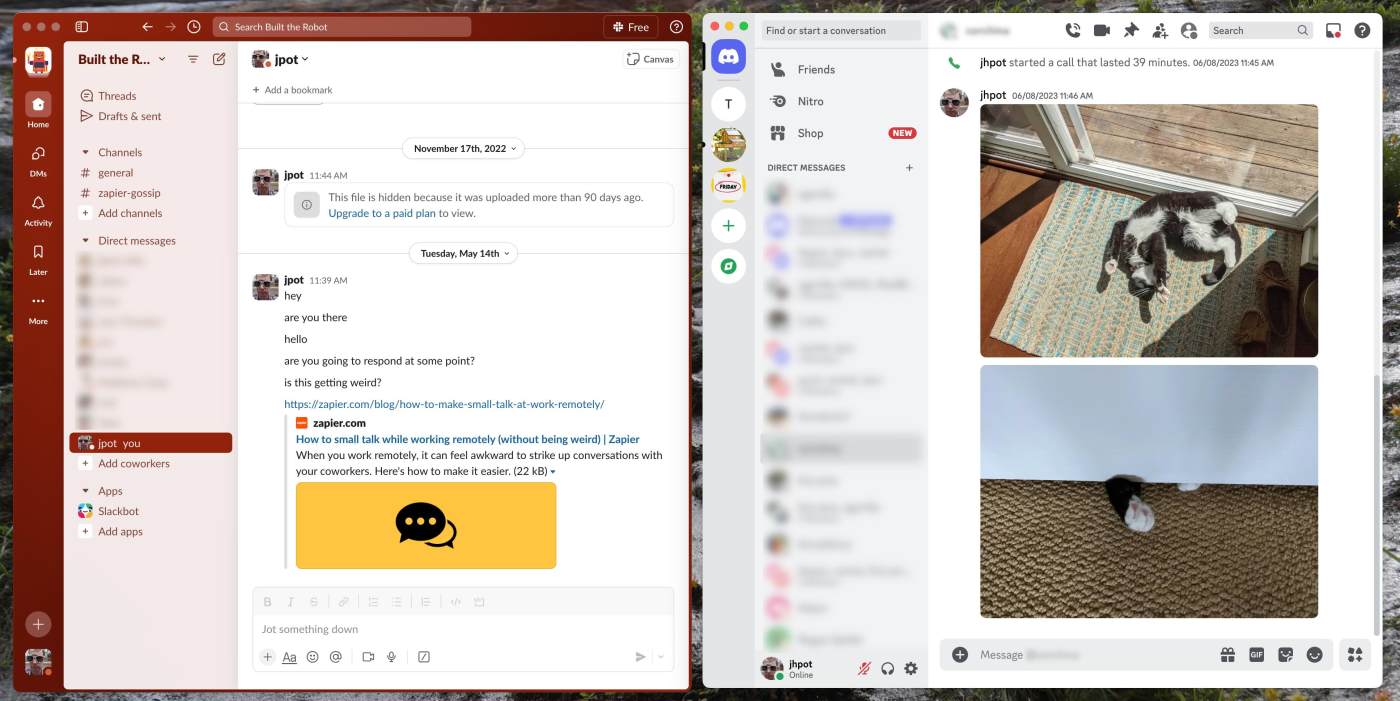 Conversations on Slack and Discord side by side