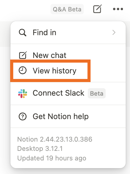 Expanded view of the ellipsis menu in a Notion Q&A chat. The option to view history is highlighted.