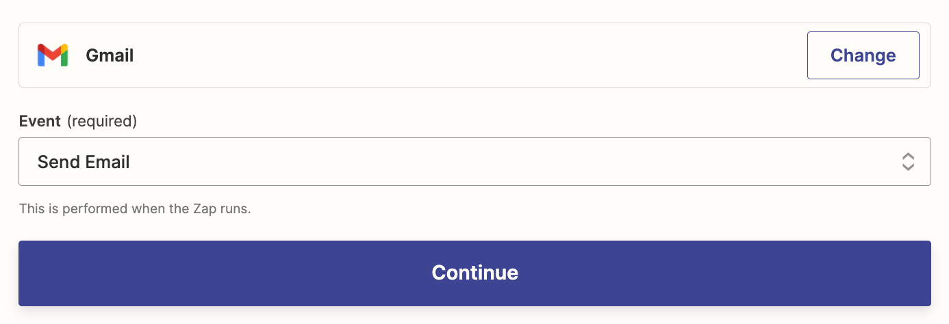 The Gmail app logo above a field labeled Event with Send Email selected in the dropdown menu.