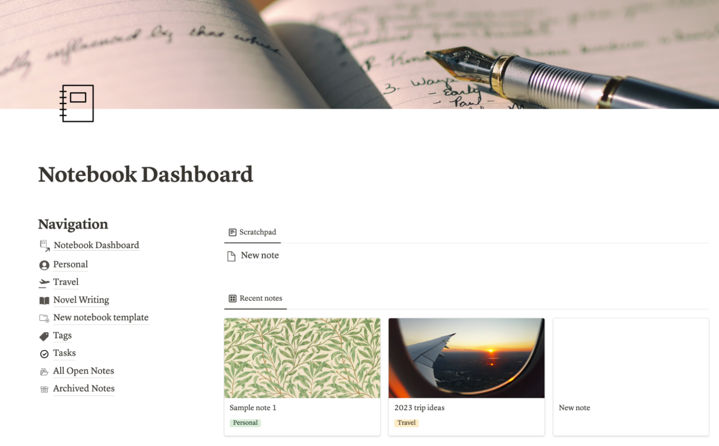Note-taking dashboard in Notion