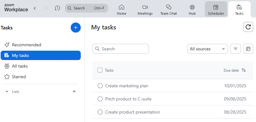 The My tasks view in Zoom