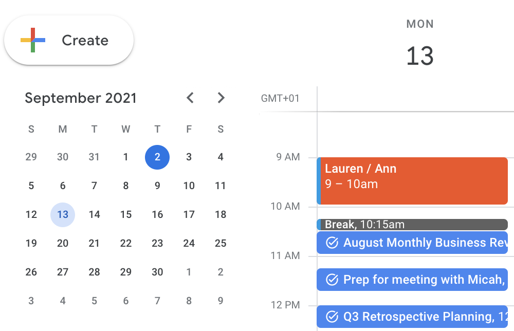 A screenshot of Lauren's Google Calendar showing the day's events in different colors, starting with a red hour-long meeting, followed by a gray break, and three blue slots for task work.