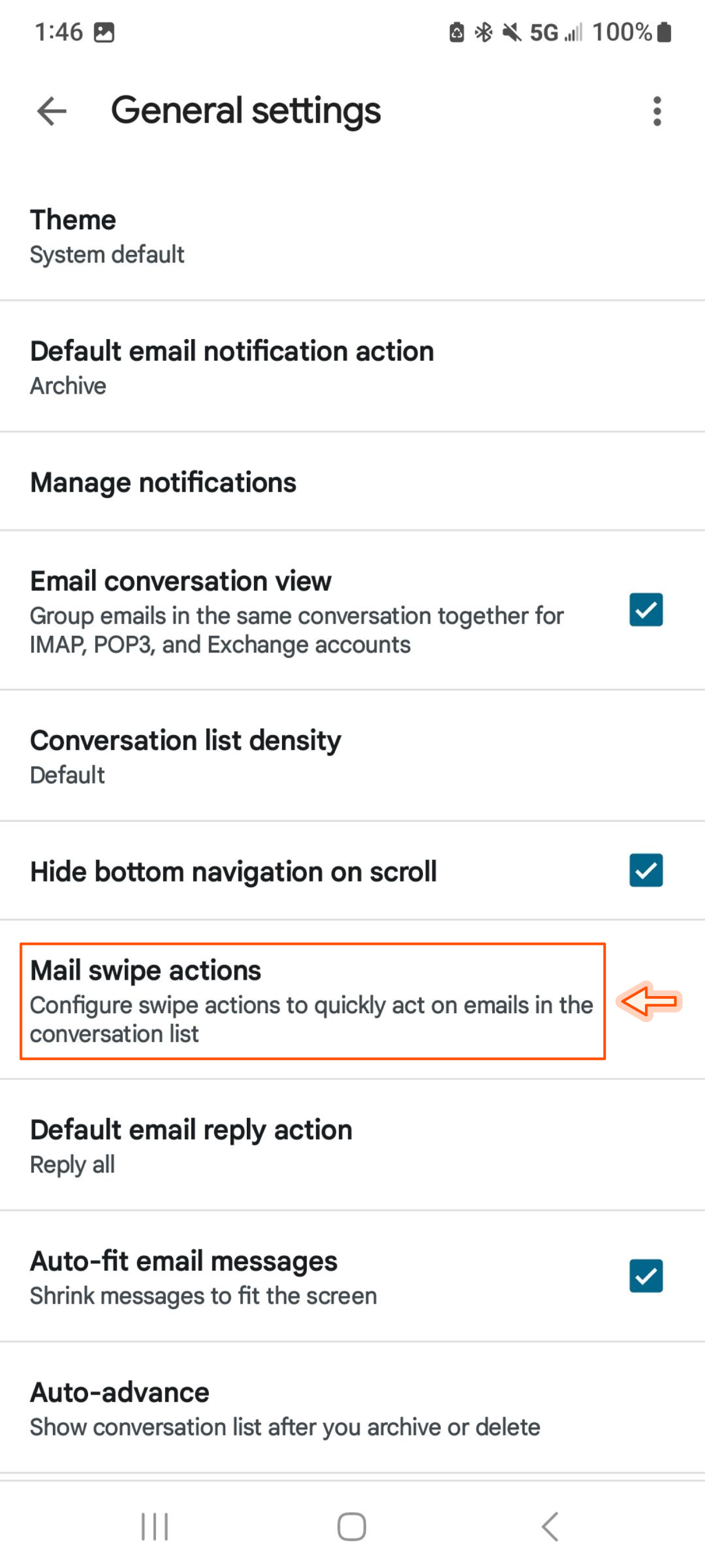 Екранна снимка на пощенския прекарване на действия върху приложението Gmail на Android