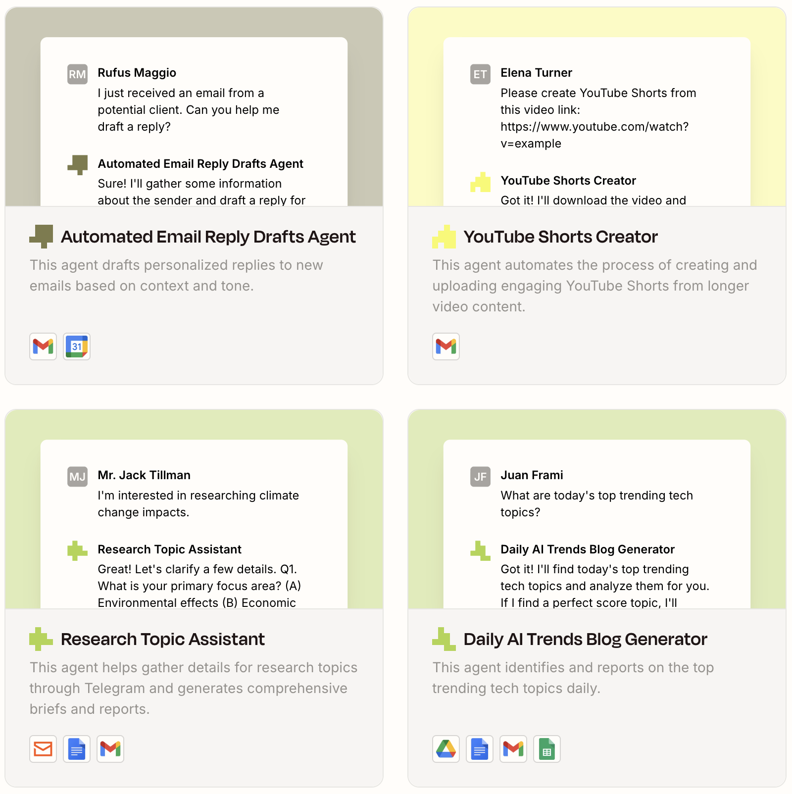 Four thumbnails of Zapier Agents