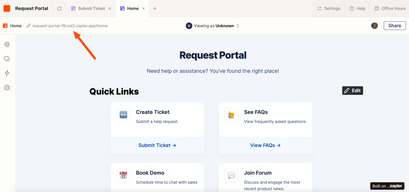 Screenshot of portal link
