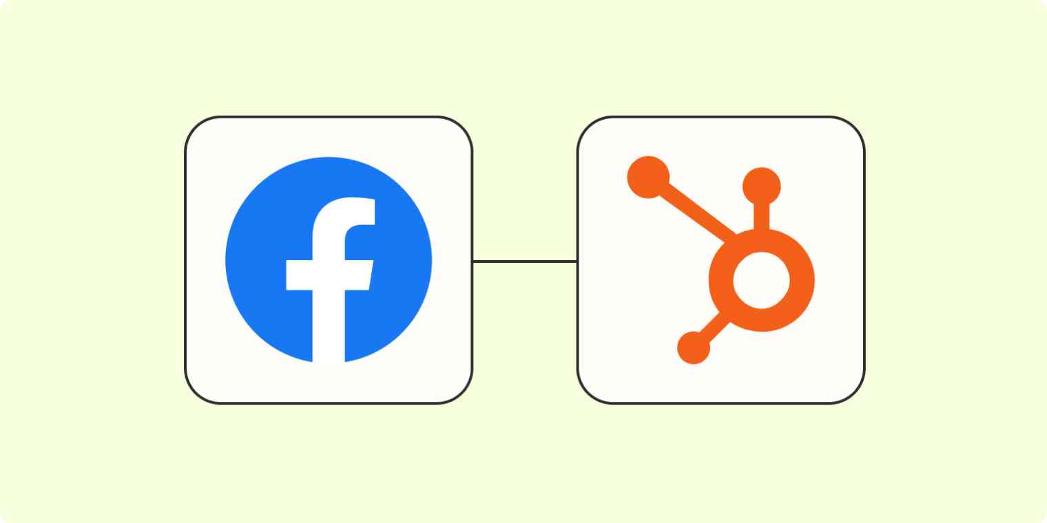 The Facebook app logo connected to the HubSpot app logo on a light yellow background.