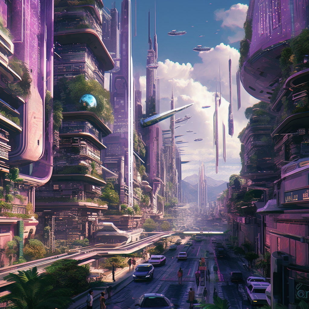 A purple and green city generated by the AI art prompt with Midjourney