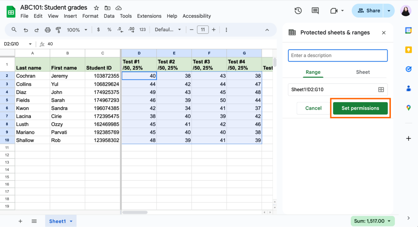 How to set permissions for locked cells in Google Sheets. 