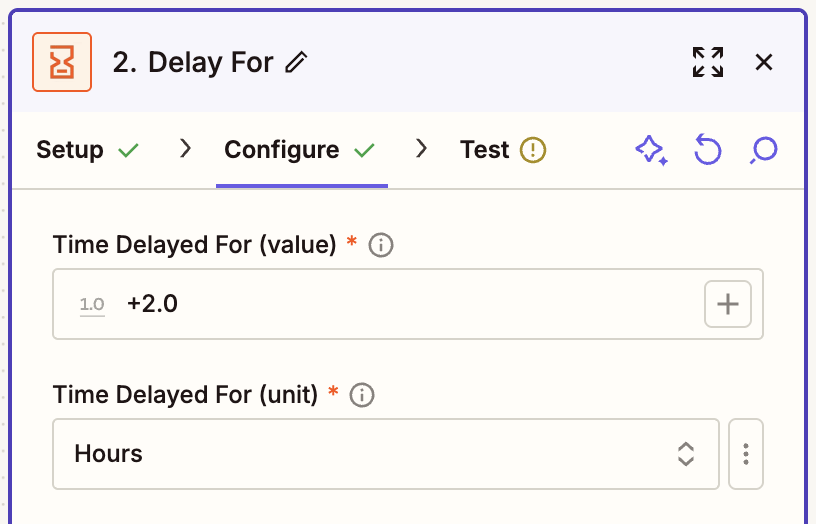 A screenshot of a window in the Zap editor that has configured the Delay step to pause the Zap for two hours.