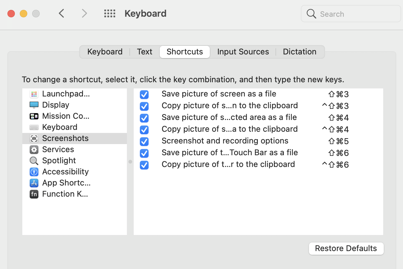 customize Mac keyboard shortcuts for screenshots