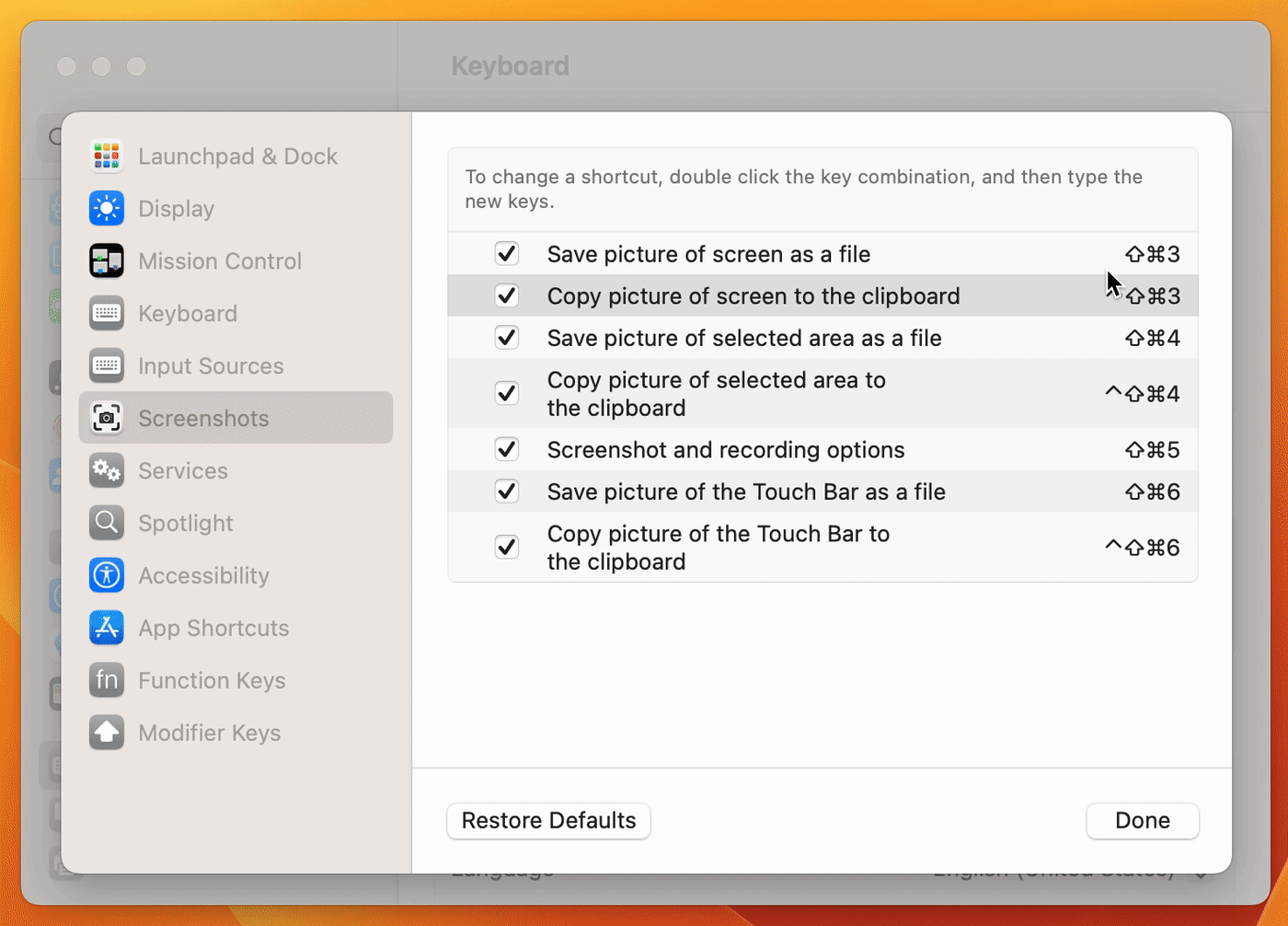 A GIF showing how to customize Mac keyboard shortcuts for screenshots