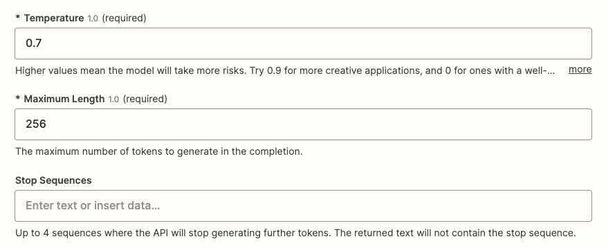 Adjust temperature, maximum length, and stop sequences to customize the prompt.
