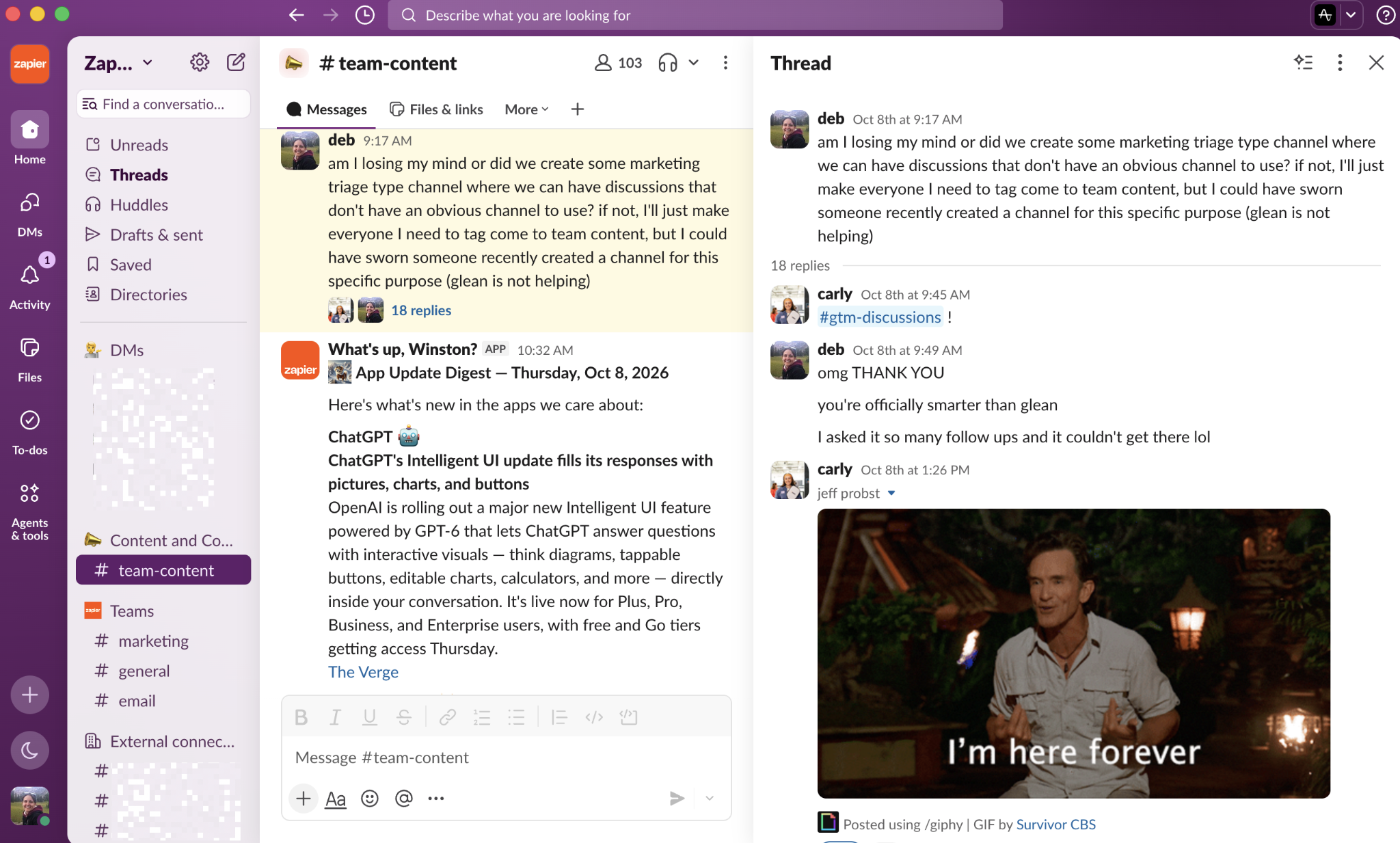 Slack app showing a channel and an open thread