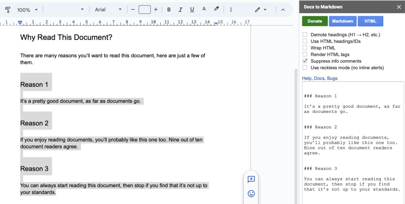 Google Doc with plain text and a preview of the same text converted to markdown in the Docs to Markdown panel.