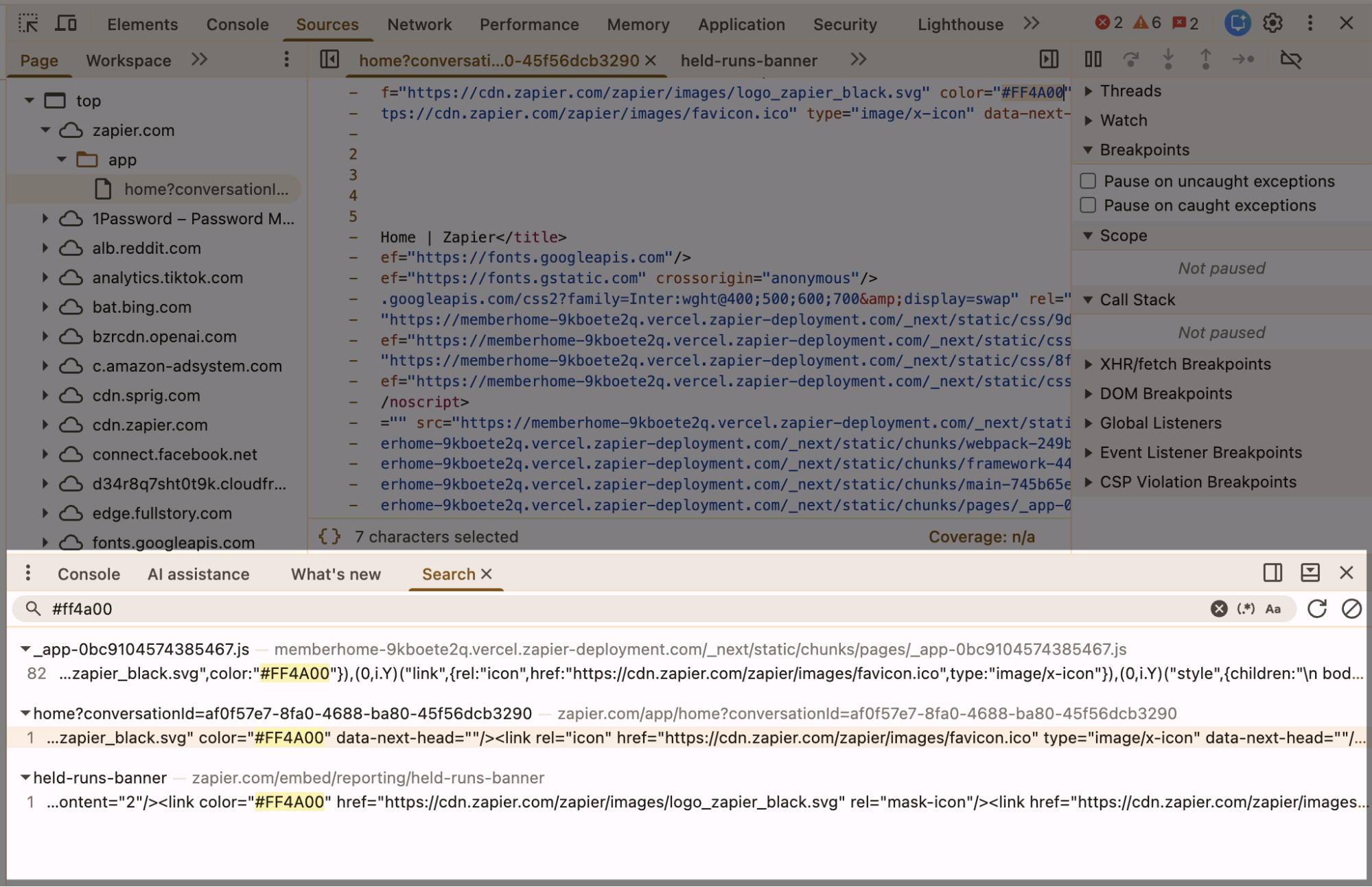 Example of searching for #ff4a00 using Search in Inspect Element.