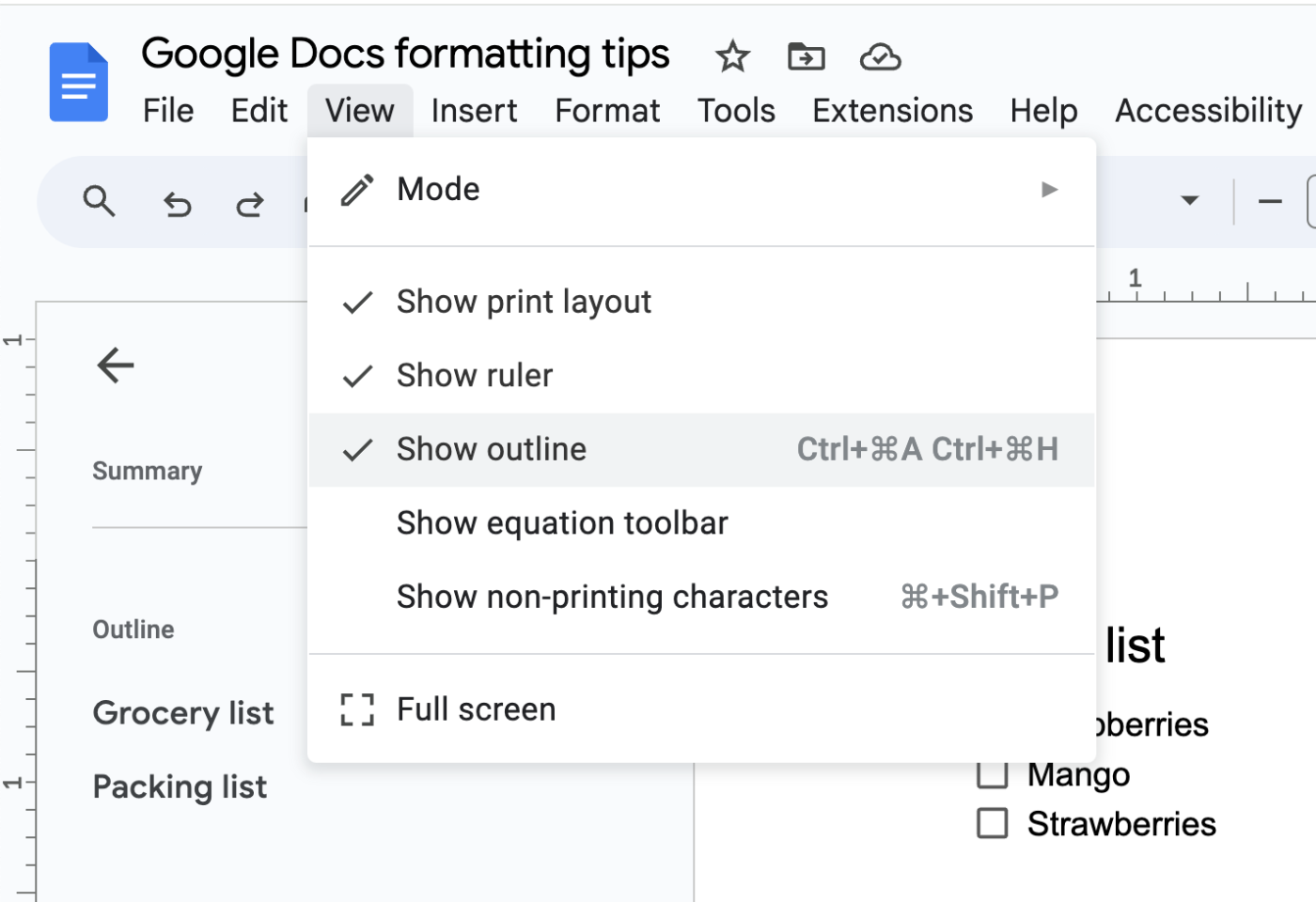 How to show the document outline in Google Docs.