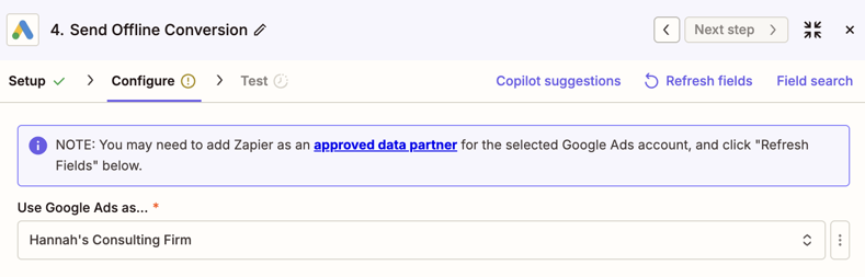 A screenshot of the Google Ads action step setup in Zapier Editor.