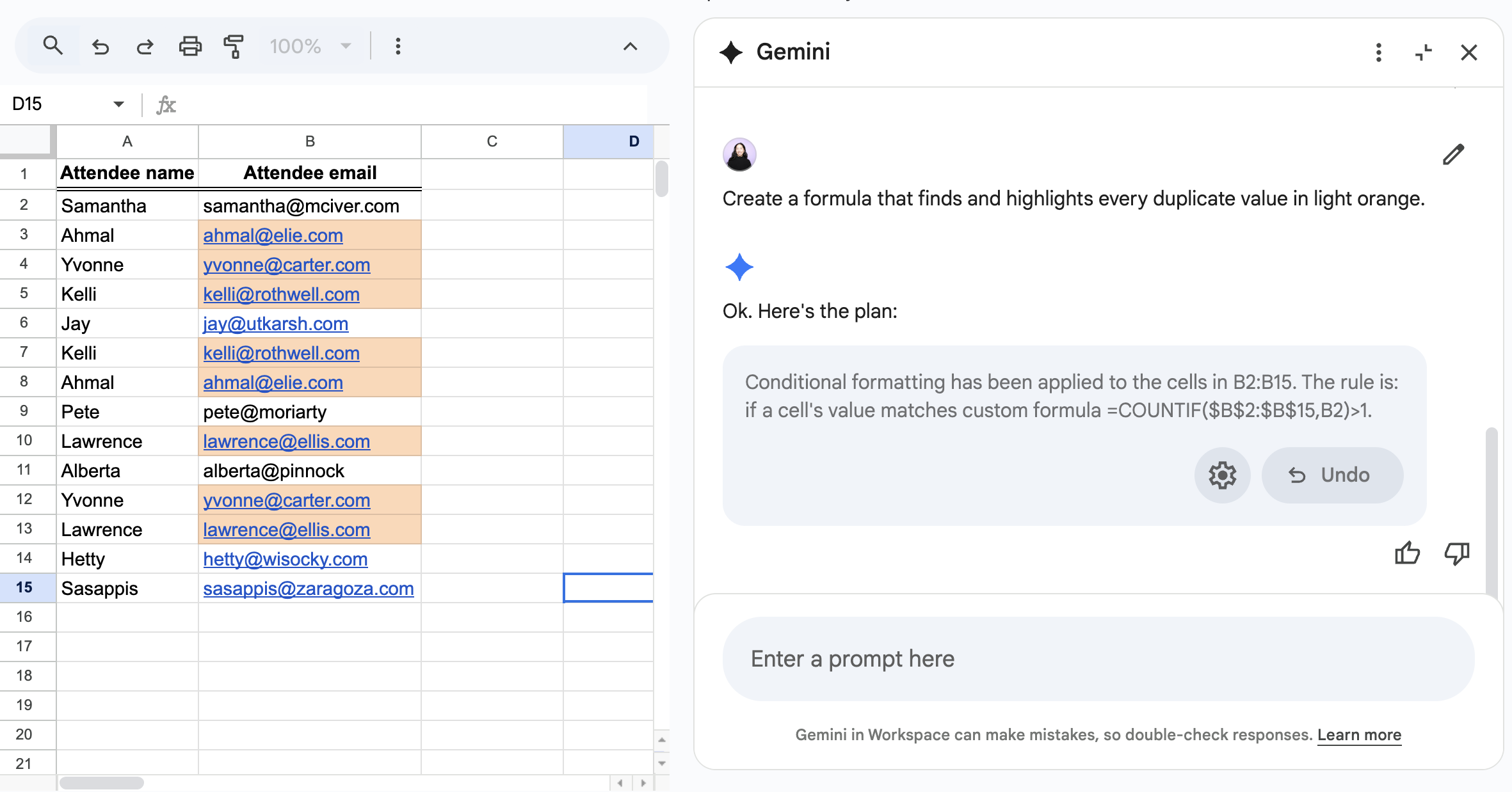 Duplicate values in Google Sheets highlighted. 