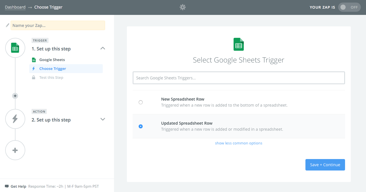 Watch Google Sheets for updated row with Zapier