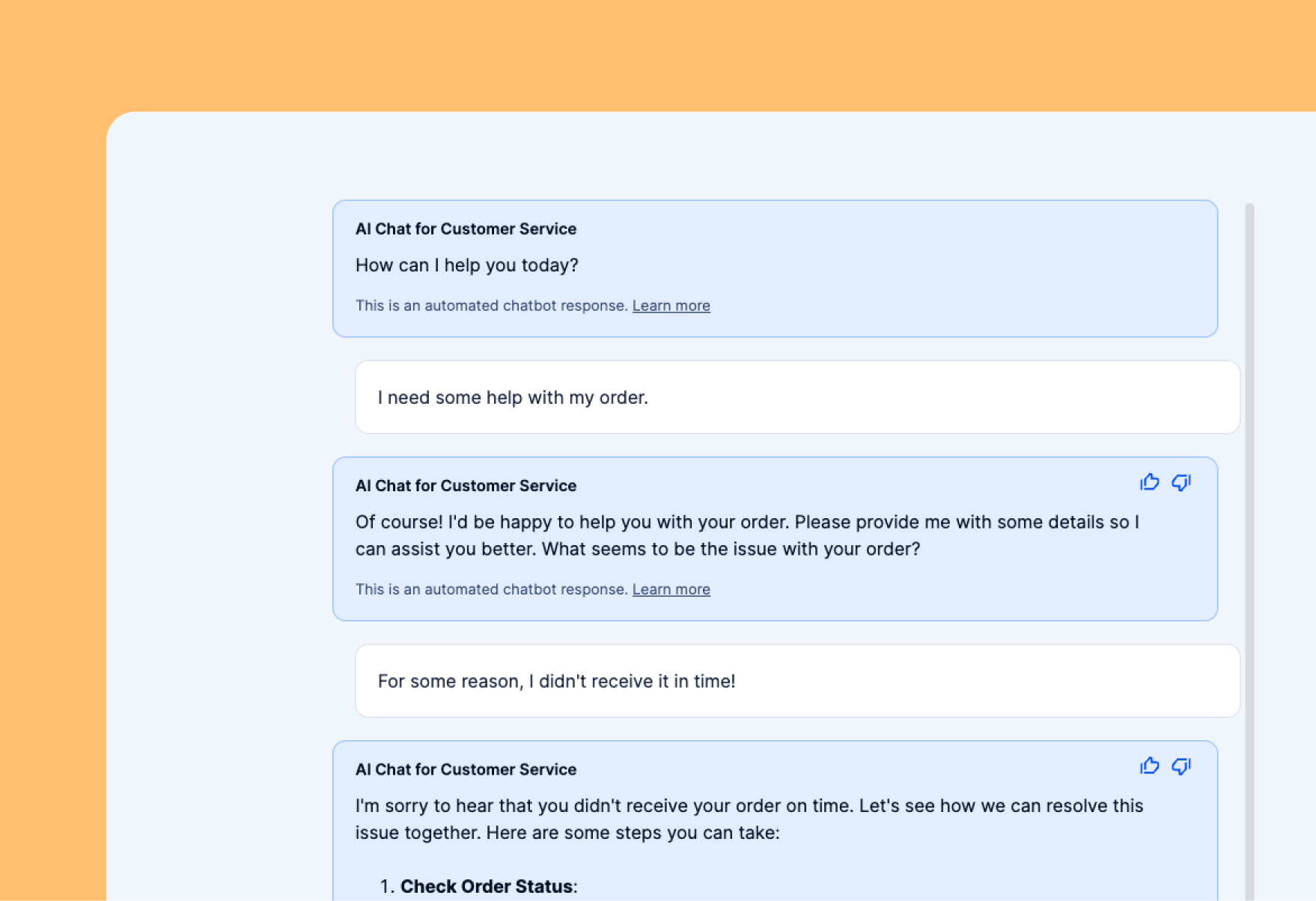 A sample conversation with an AI chatbot for customer service.