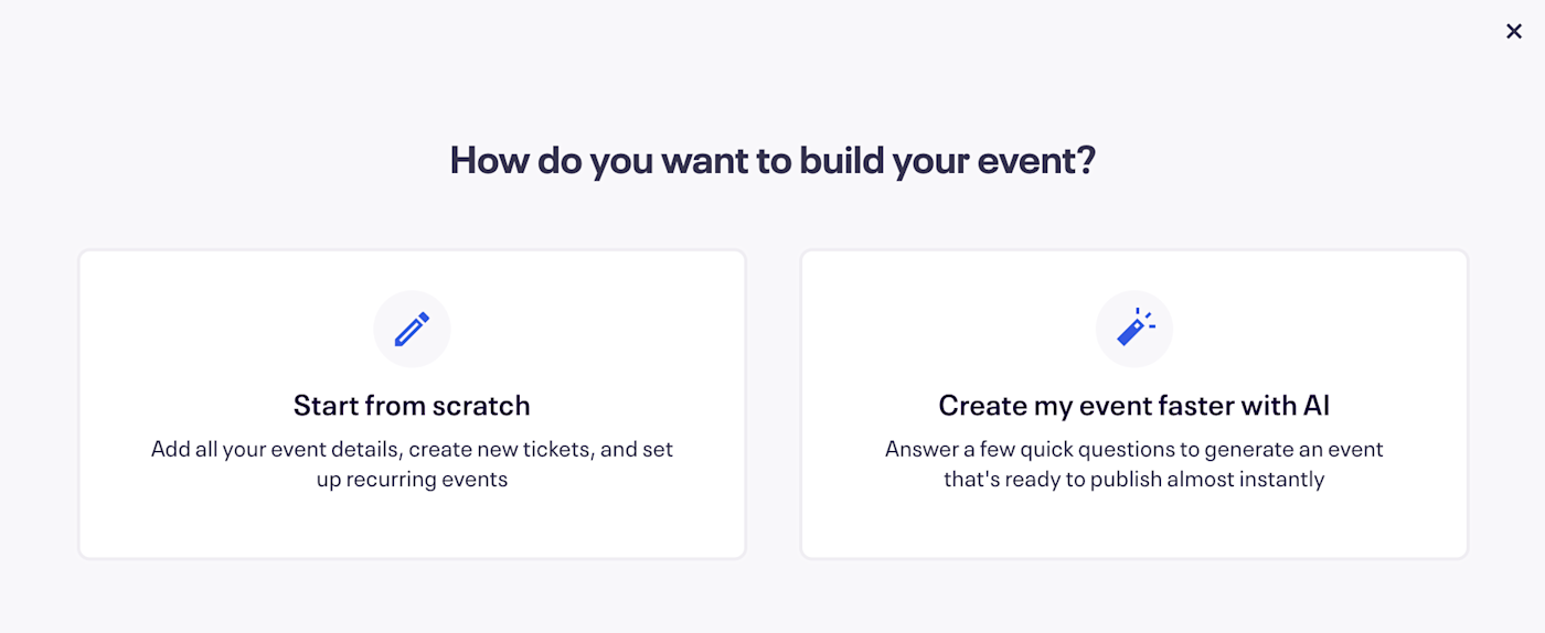 The options to start from scratch or build with AI in Eventbrite