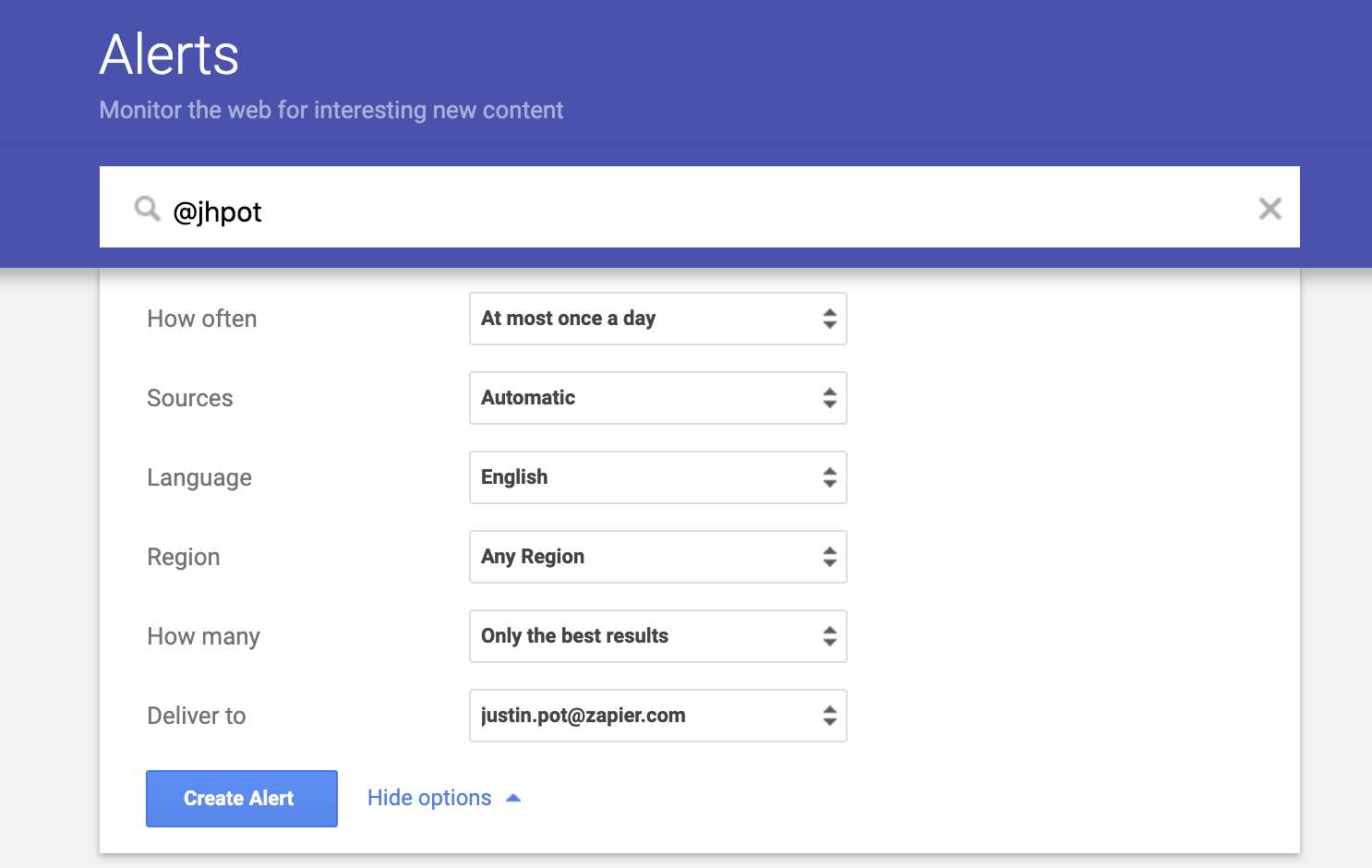 Search for your Twitter handle in Google Alerts