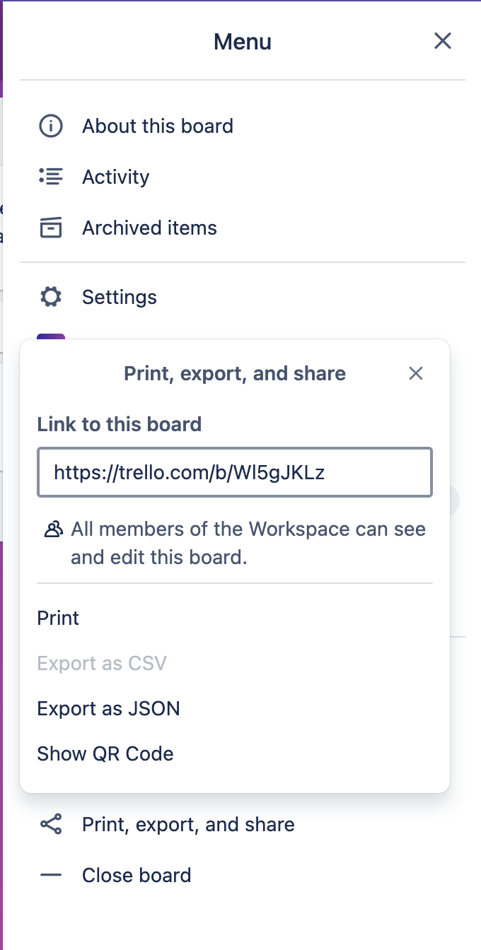 Screenshot of the "Print, export, and share" Trello board option