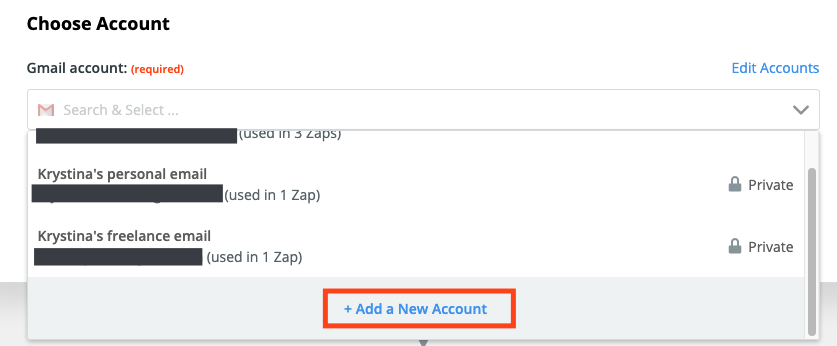 A screenshot of the trigger step in the Zap editor. A box highlights the Add a New Account link in the account picker dropdown menu.