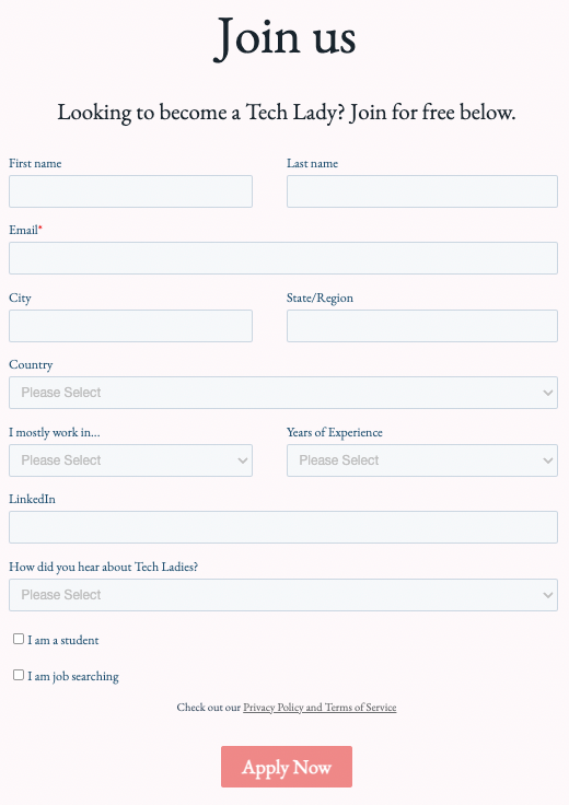 The Tech Ladies application form.