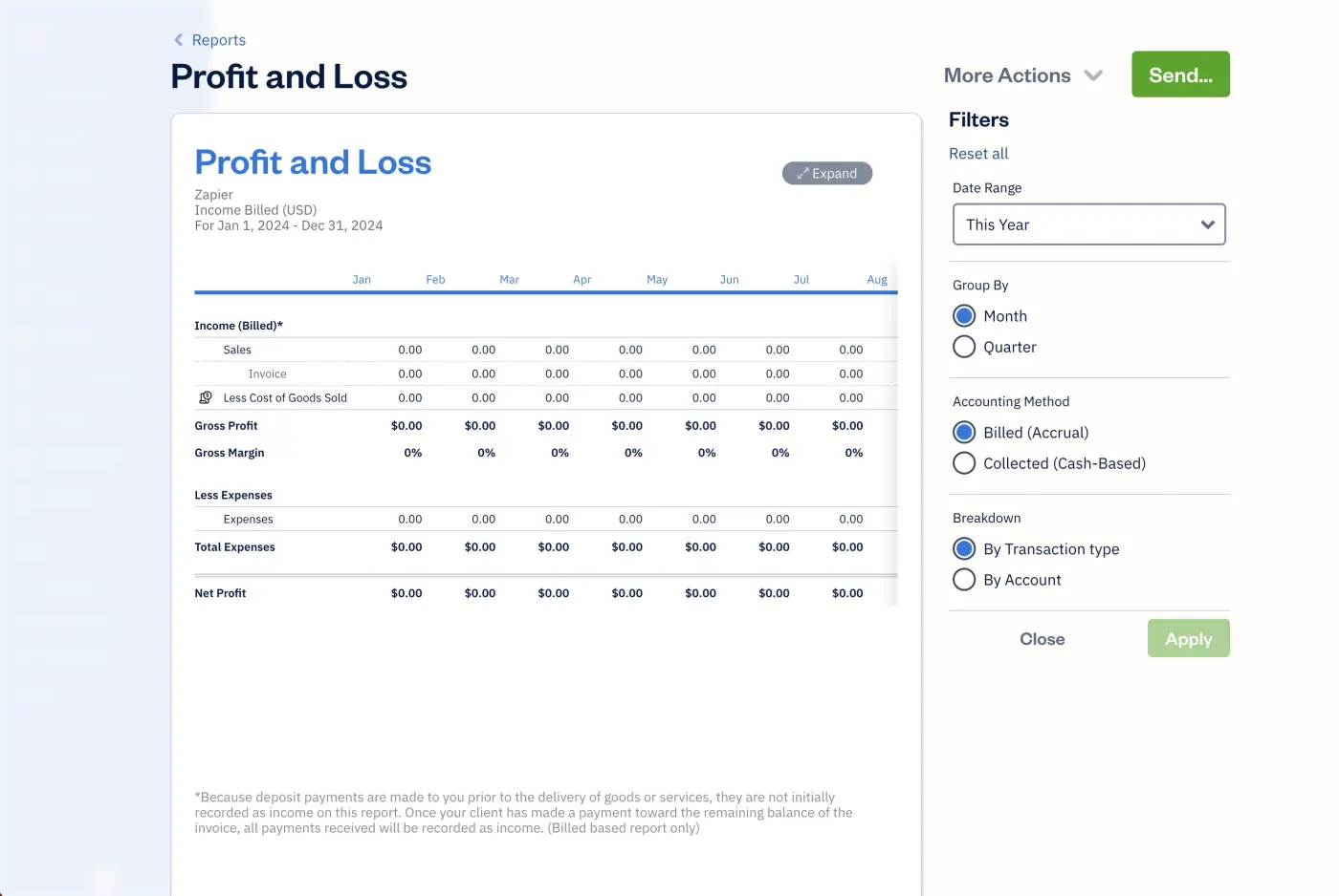 Screenshot of FreshBooks' Profit and Loss report