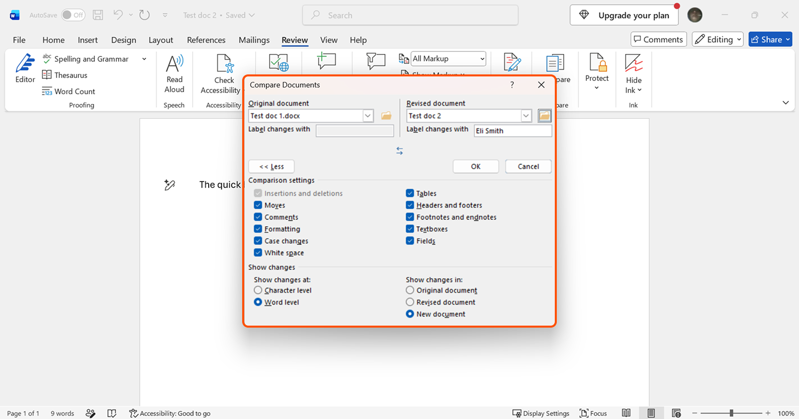 Compare documents in Word with dropdowns to upload two files to compare and other comparison settings.