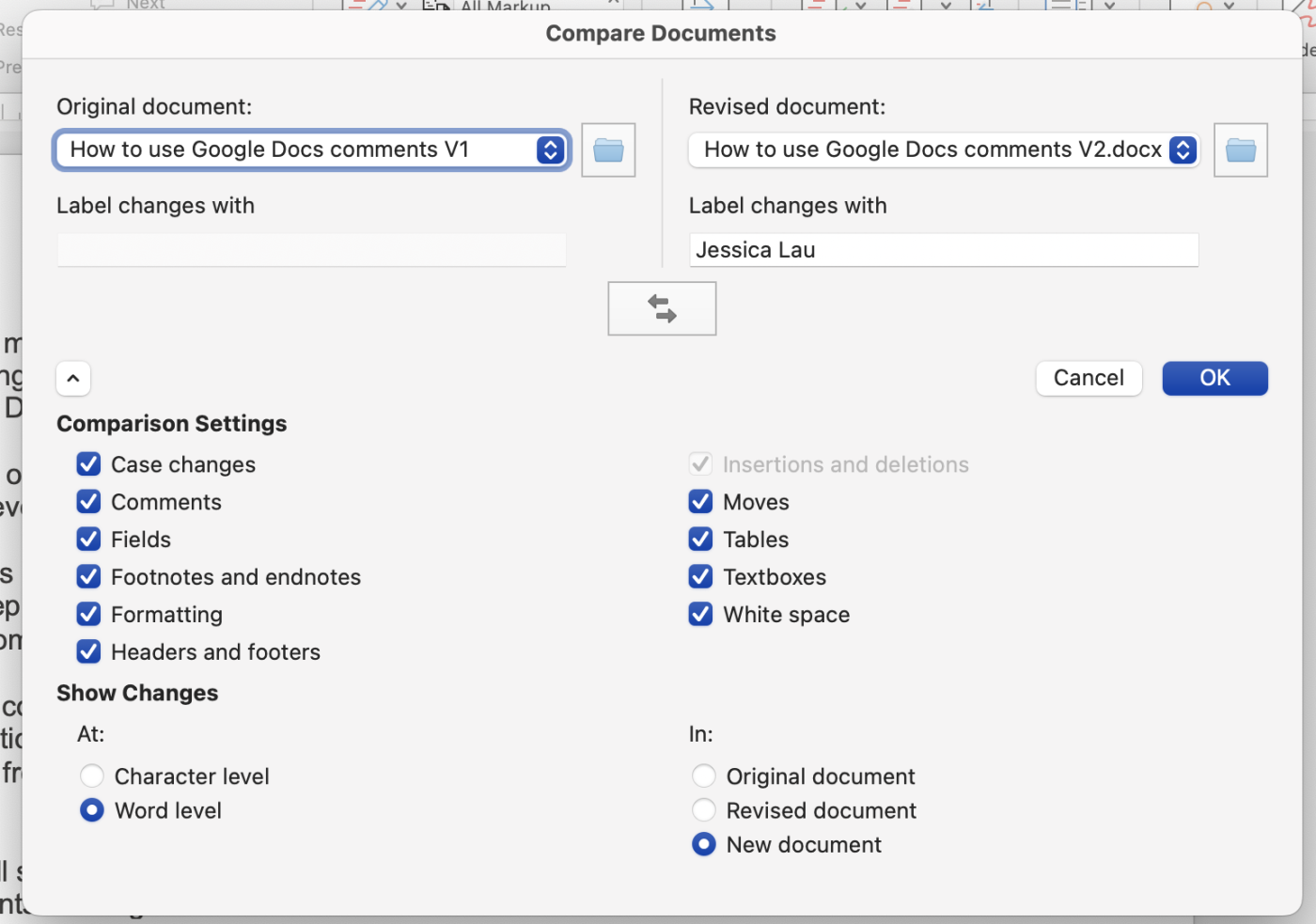 Compare documents in Word with dropdowns to upload two files to compare and other comparison settings.