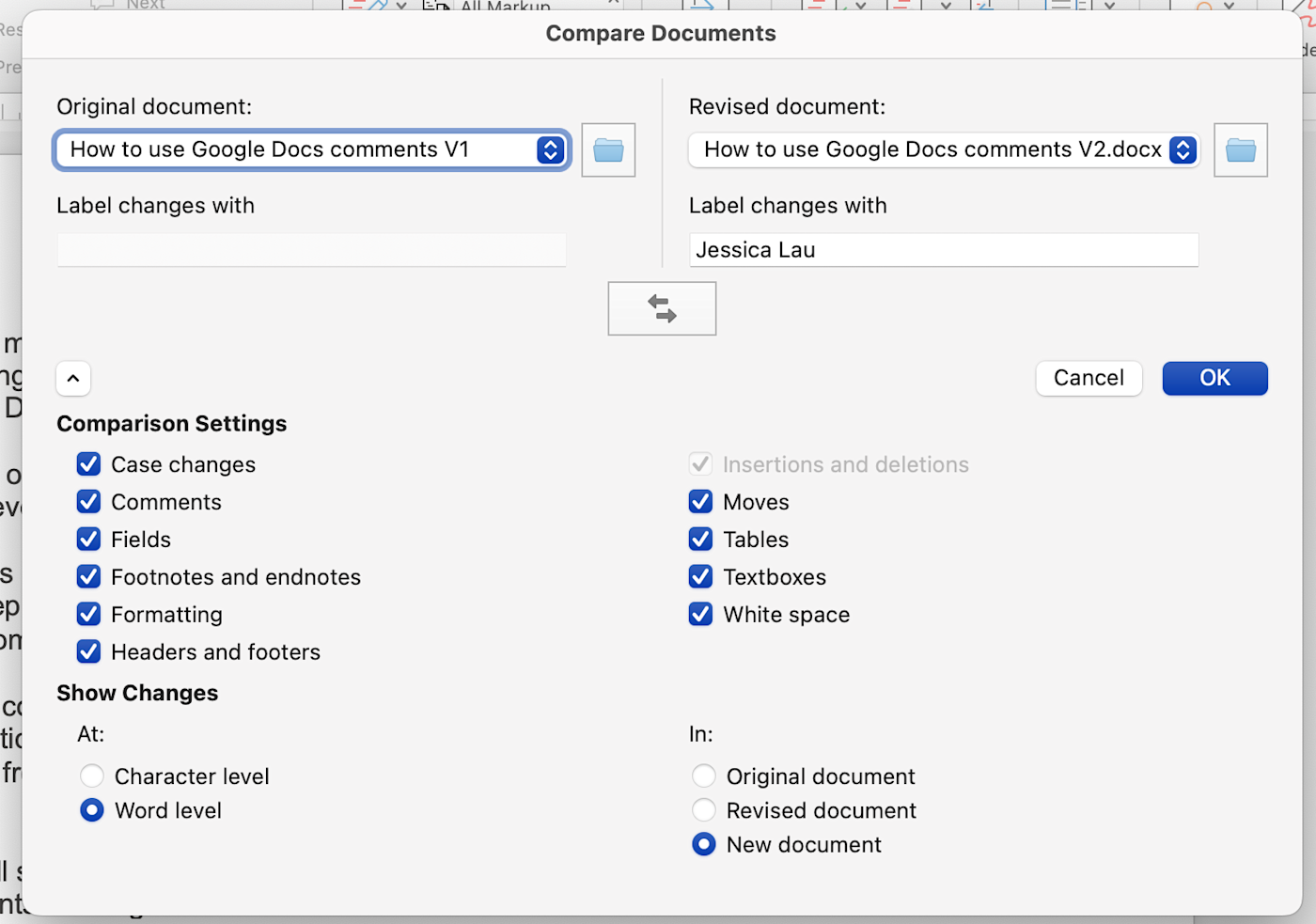 Compare documents in Word with dropdowns to upload two files to compare and other comparison settings.