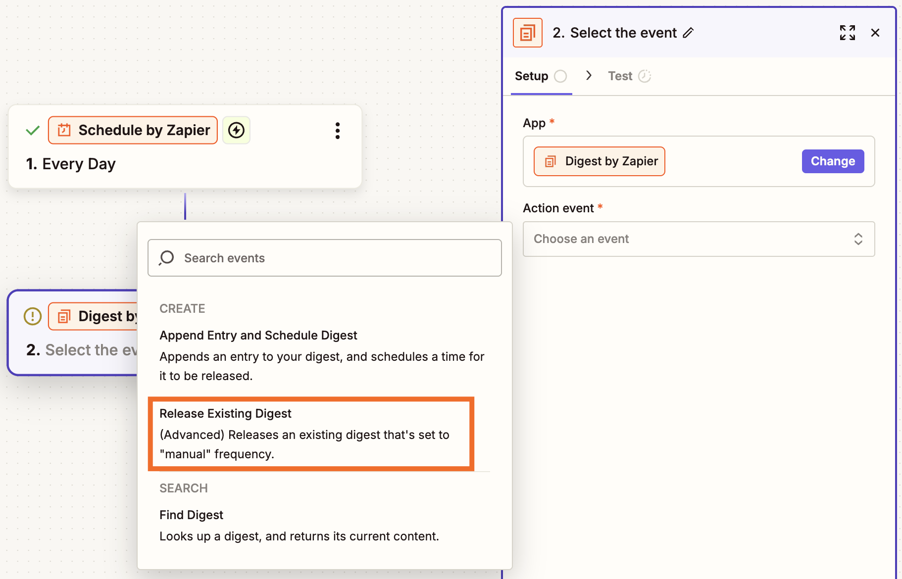 A screenshot of a modal in the Zap editor with an orange rectangle around the action event option "Release Existing Digest"