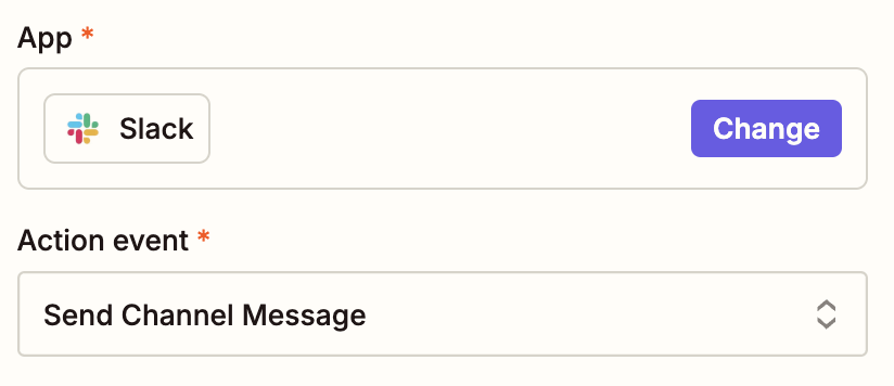 An action step in the Zap editor with Slack selected for the action app and Send Channel Message for the action event.