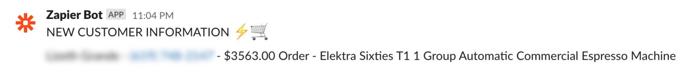 Zapier Bot in Slack alerting to "NEW CUSTOMER INFORMATION"
